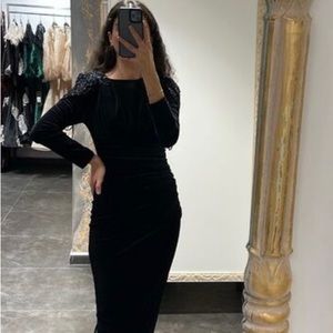 Velvet midi black dress with jewels on shoulders. Dress is made in Turkey.